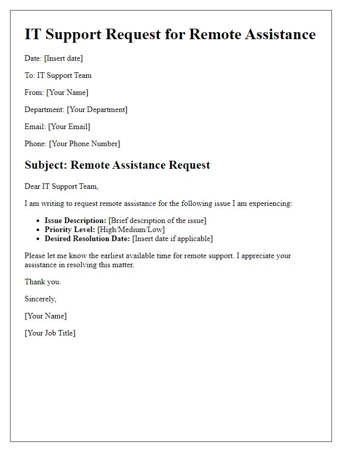 Letter template of IT support request for remote assistance requirements.