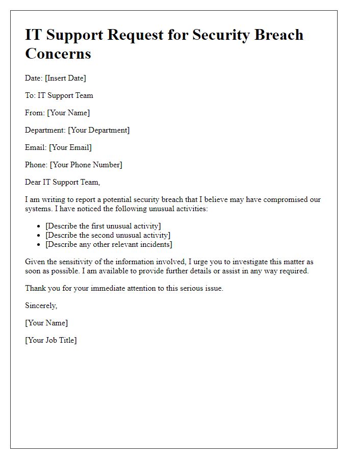 Letter template of IT support request for security breach concerns.