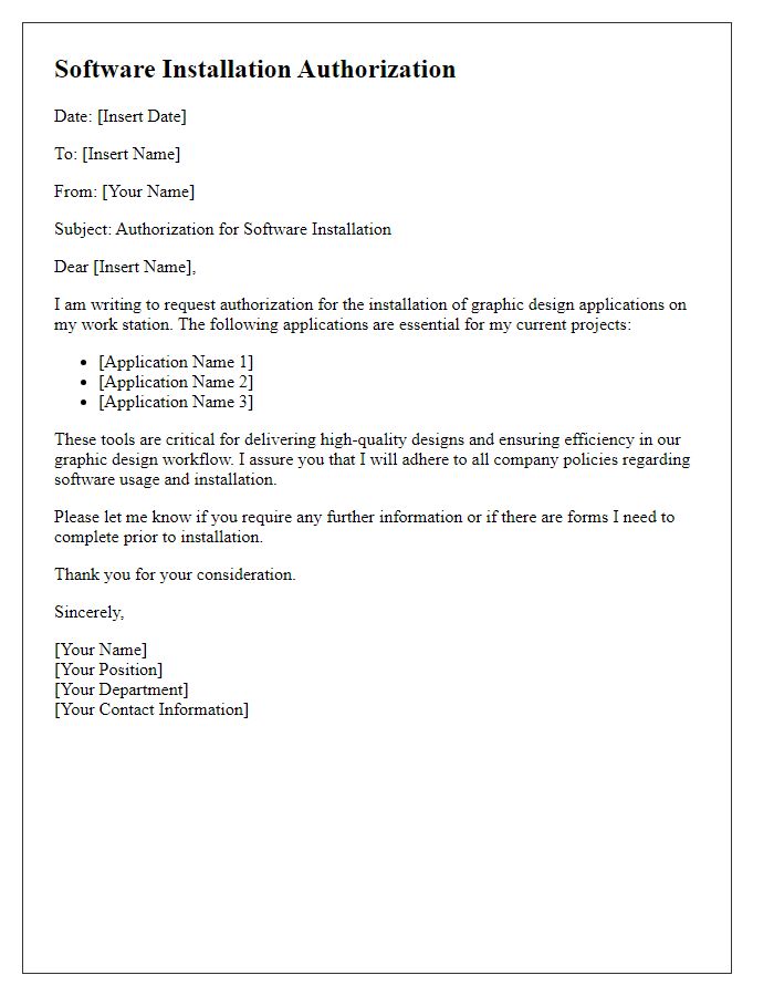 Letter template of software installation authorization for graphic design applications.