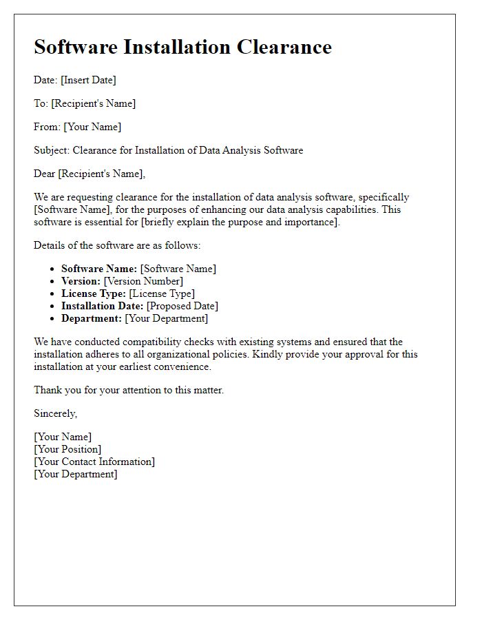 Letter template of software installation clearance for data analysis programs.