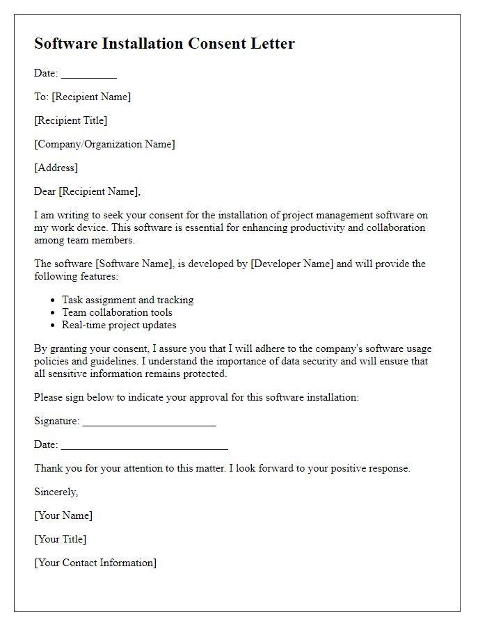 Letter template of software installation consent for project management software.