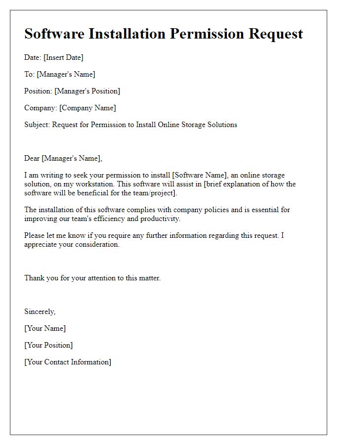 Letter template of software installation permission for online storage solutions.