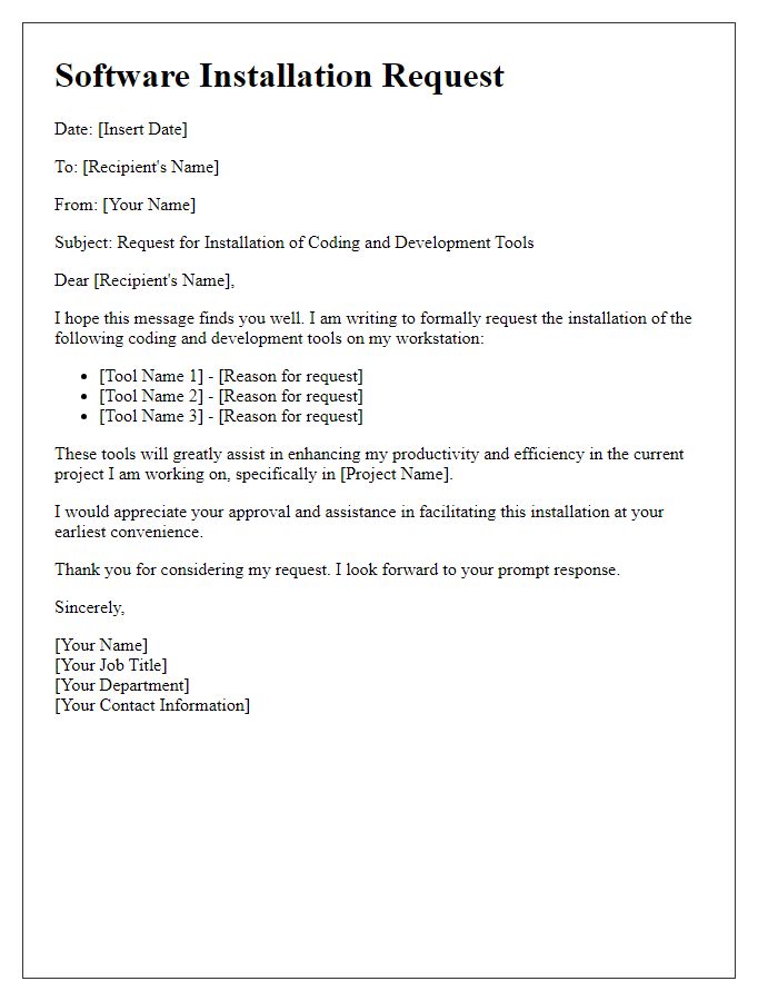 Letter template of software installation request for coding and development tools.