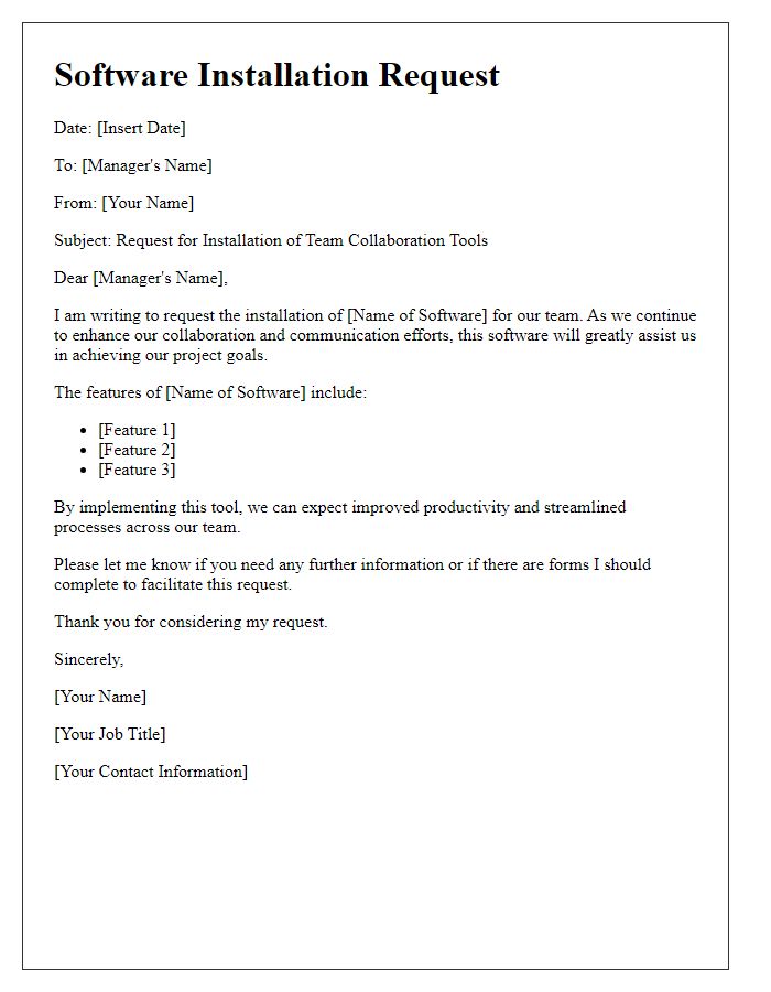 Letter template of software installation request for team collaboration tools.