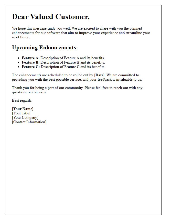 Letter template of planned software enhancements for customers