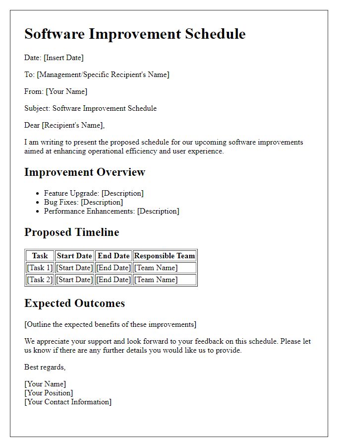 Letter template of software improvement schedule for management