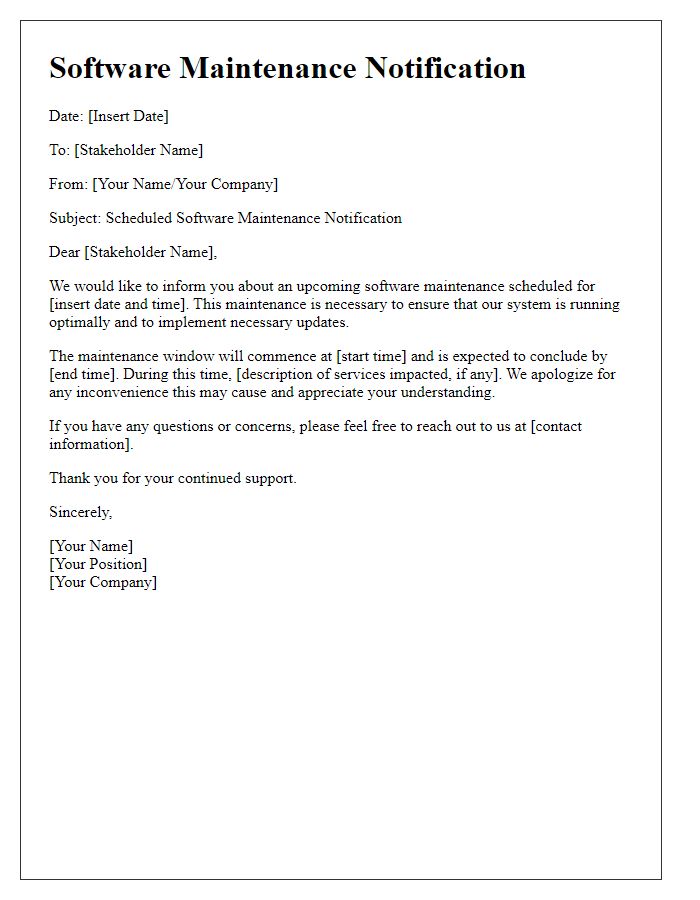 Letter template of software maintenance notification for stakeholders