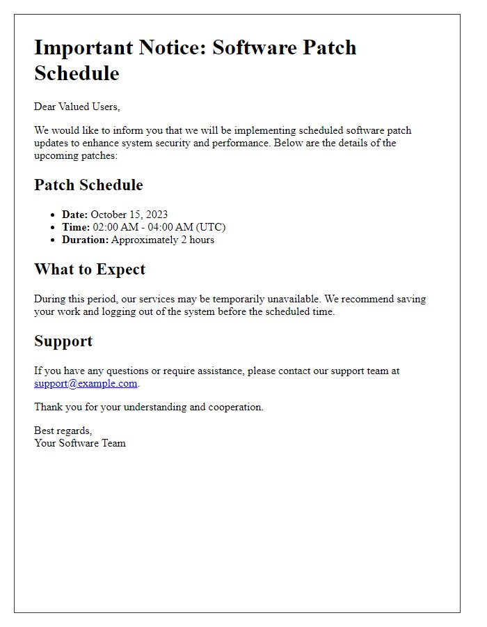 Letter template of software patch schedule for users