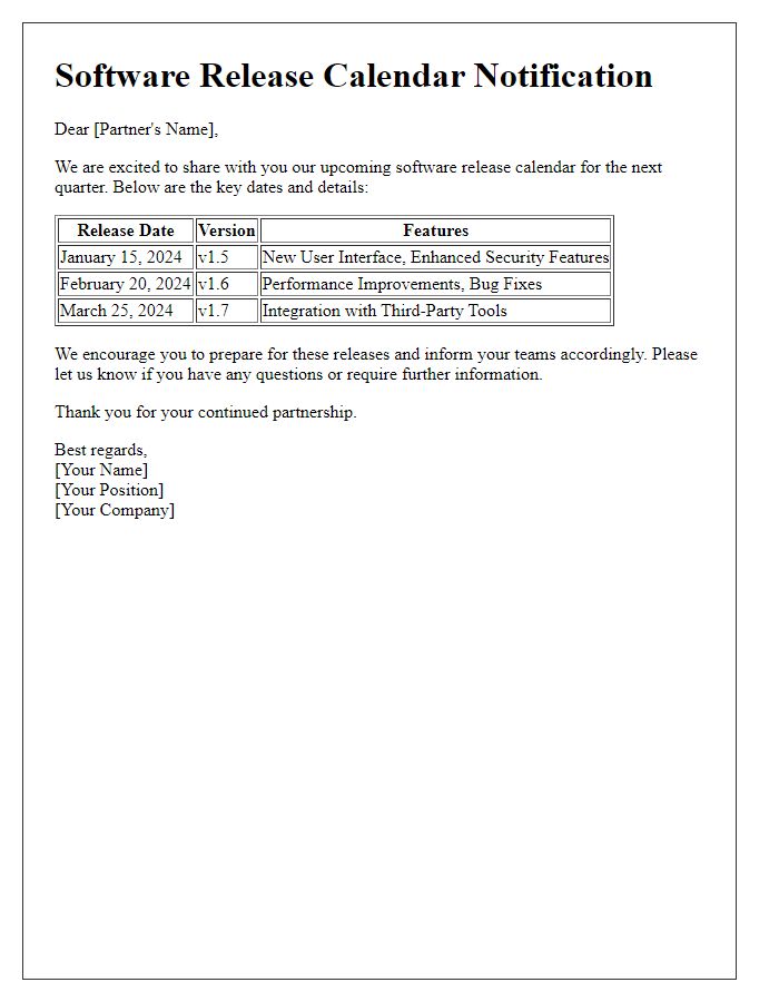 Letter template of software release calendar for partners