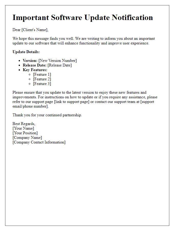 Letter template of software update notification for clients