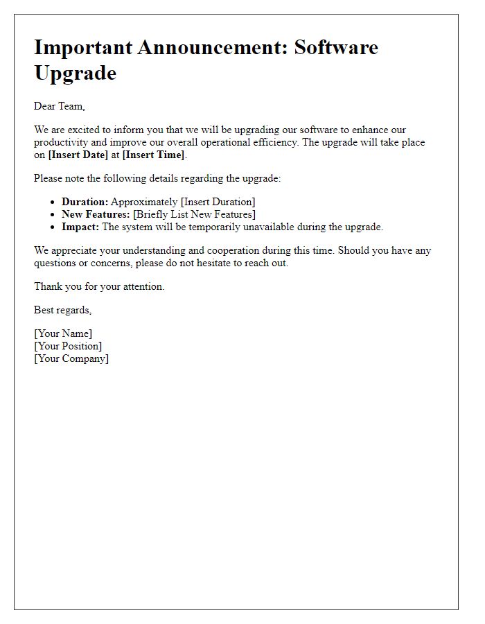 Letter template of software upgrade announcement for team