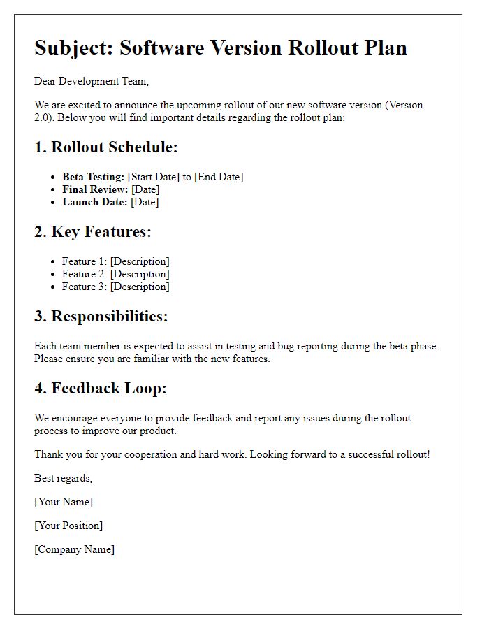 Letter template of software version rollout plan for developers