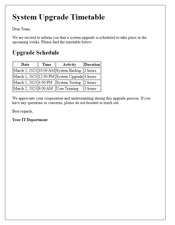 Letter template of system upgrade timetable for employees