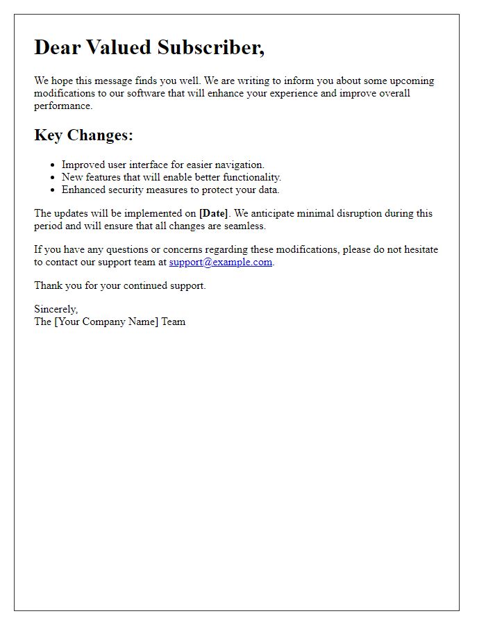 Letter template of upcoming software modifications for subscribers