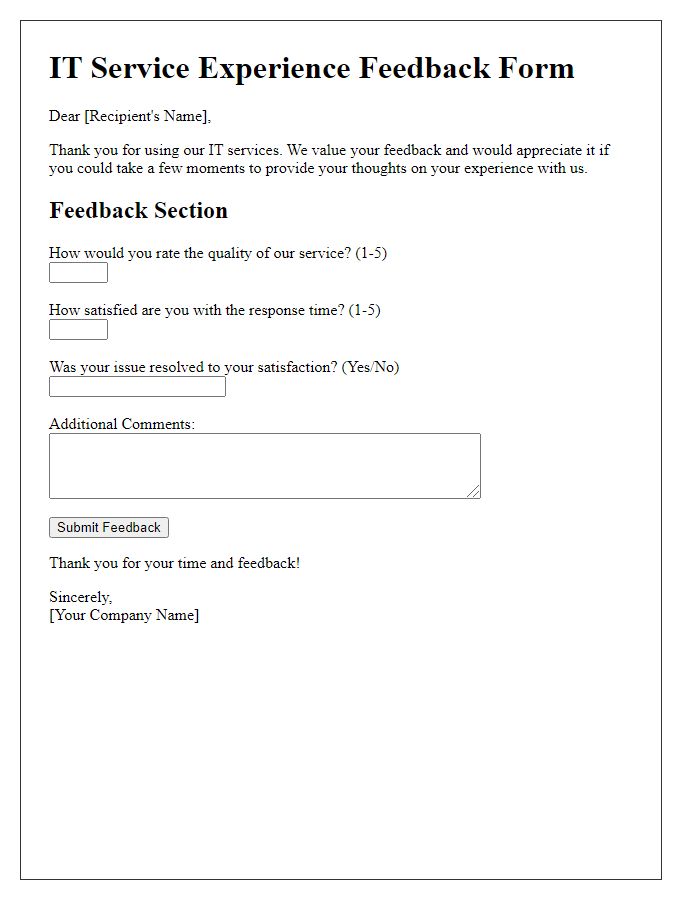 Letter template of IT service experience feedback form.