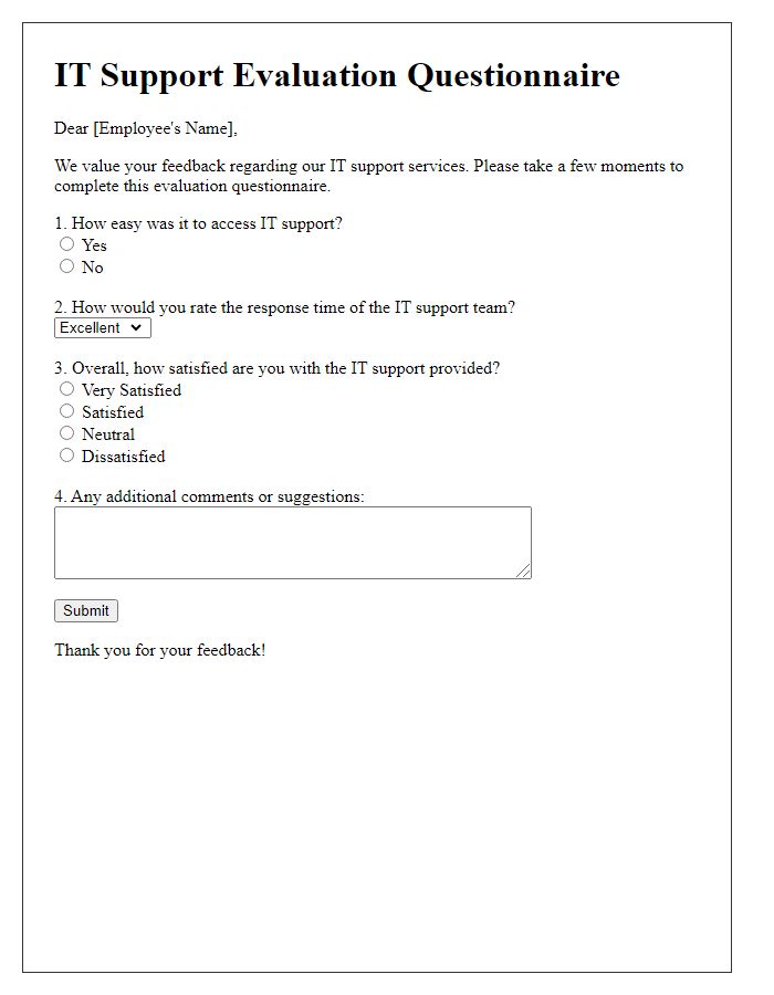 Letter template of IT support evaluation questionnaire.