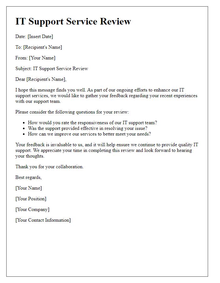 Letter template of IT support service review.