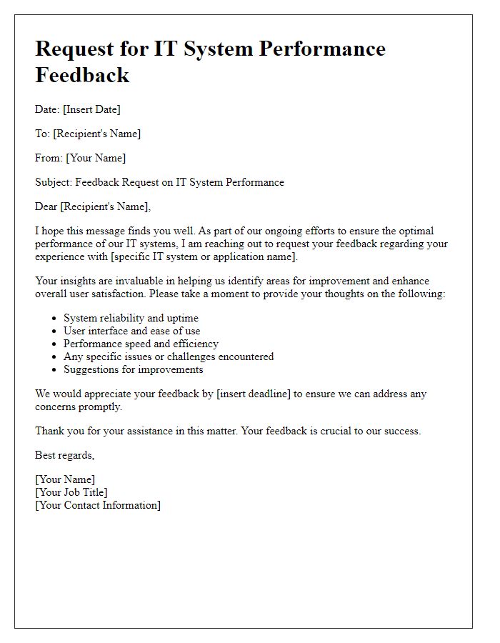 Letter template of IT system performance feedback request.