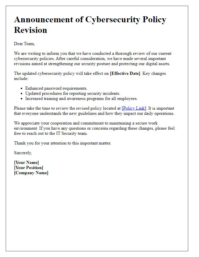 Letter template of cybersecurity policy revision announcement