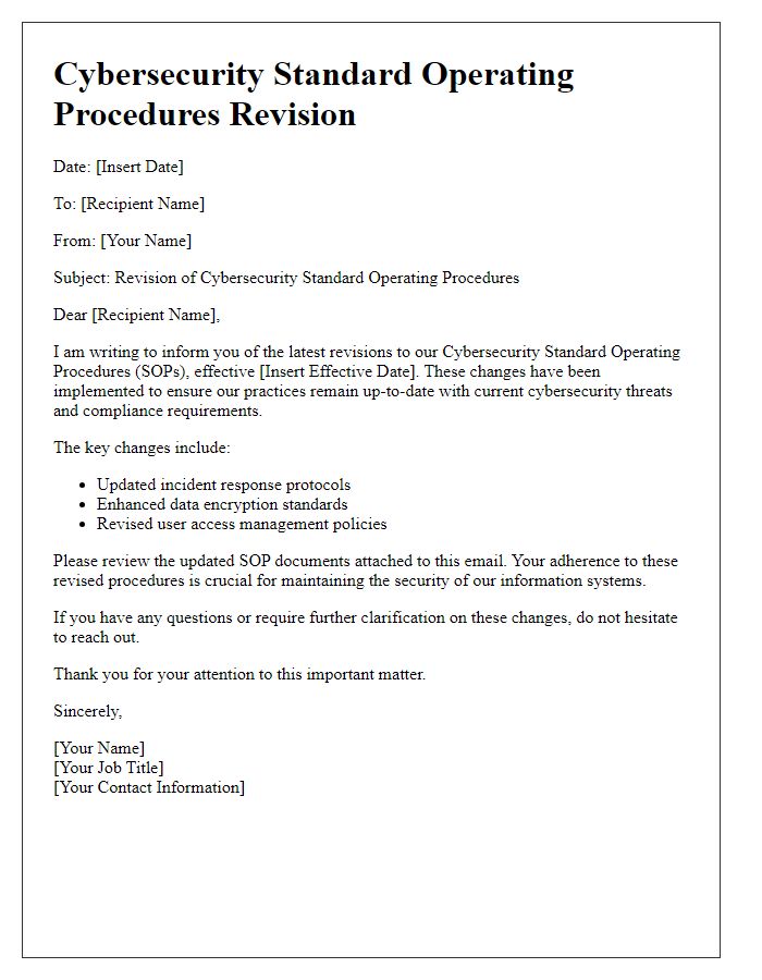 Letter template of cybersecurity standard operating procedures revision