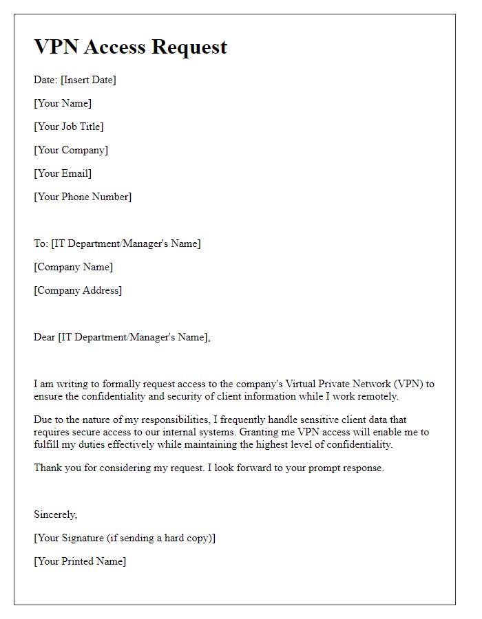 Letter template of VPN access request for client confidentiality.