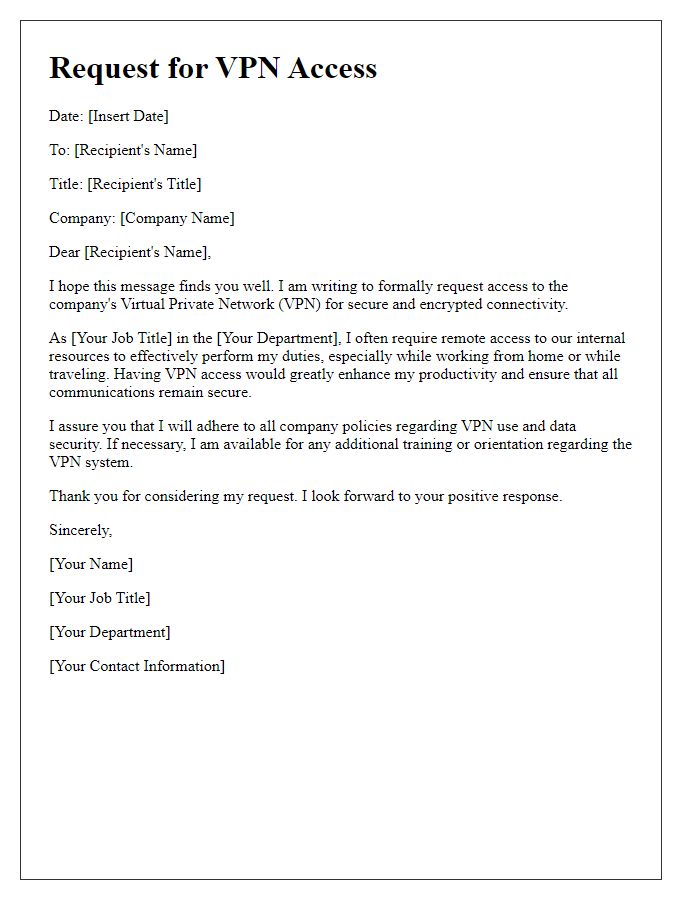 Letter template of VPN access request for encrypted connectivity.