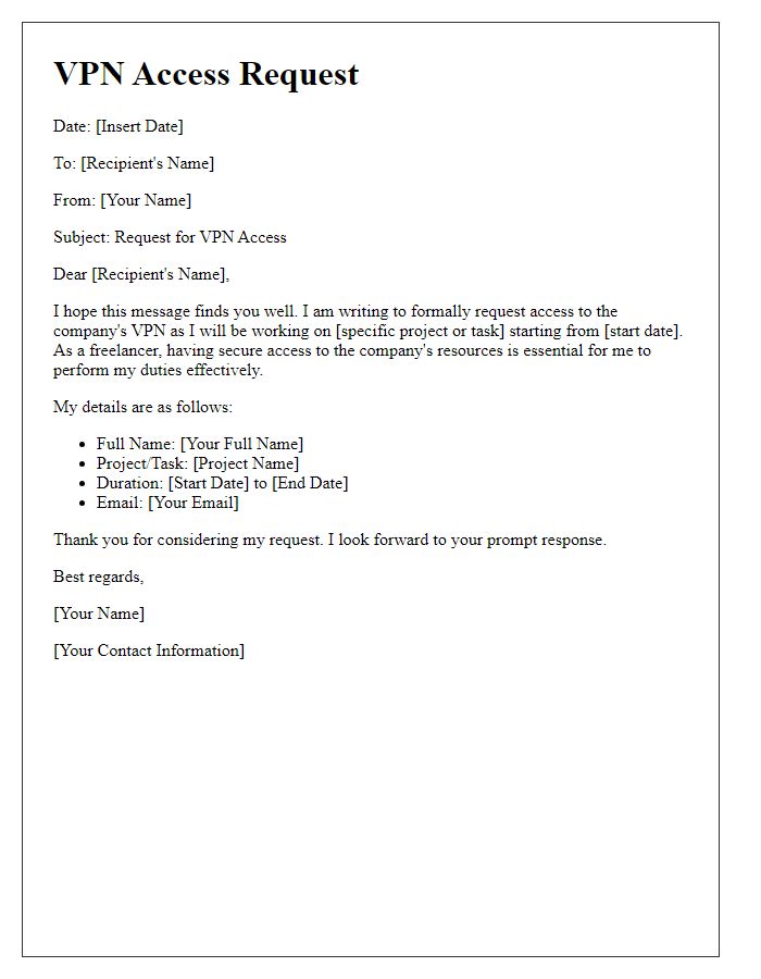 Letter template of VPN access request for freelancers.