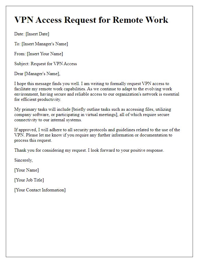 Letter template of VPN access request for remote work.
