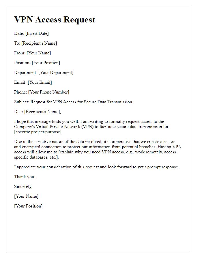 Letter template of VPN access request for secure data transmission.