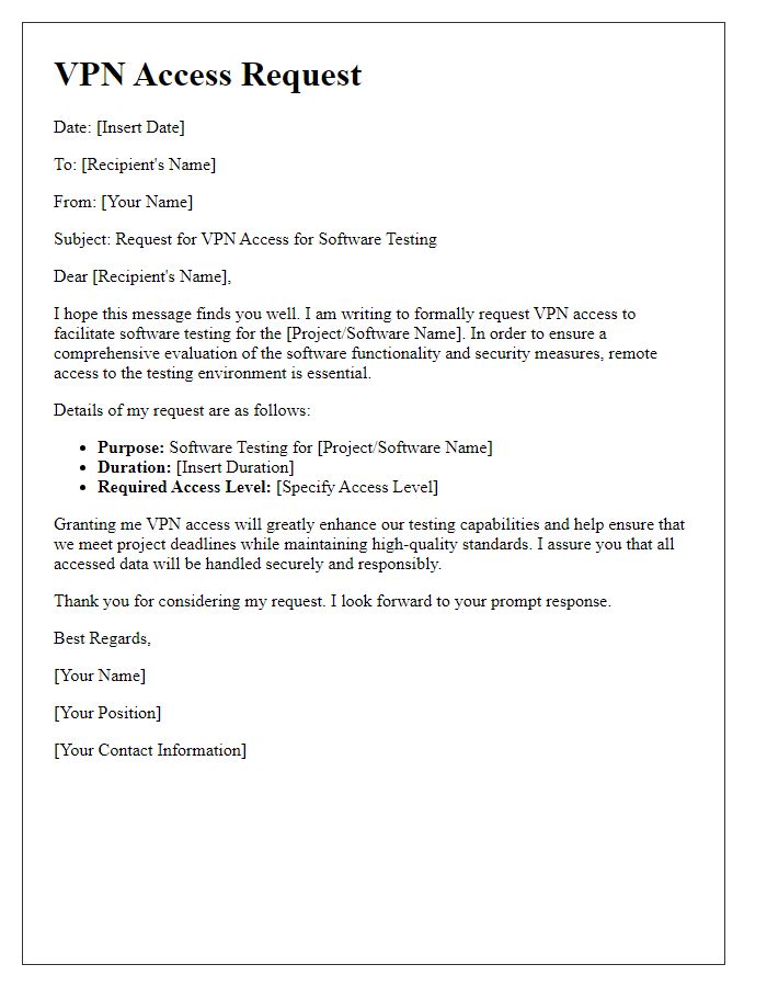 Letter template of VPN access request for software testing.