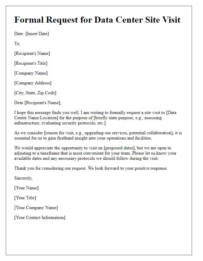 Letter template of formal request for a data center site visit
