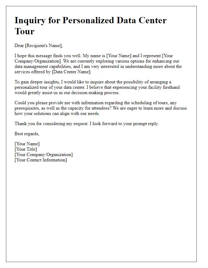 Letter template of inquiry for a personalized data center tour