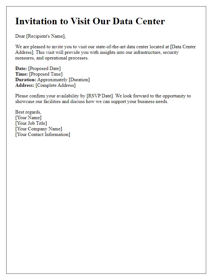 Letter template of professional invitation to visit our data center