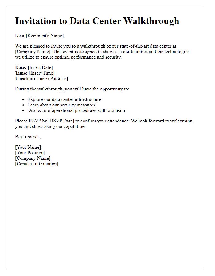 Letter template of welcoming invitation to a data center walkthrough