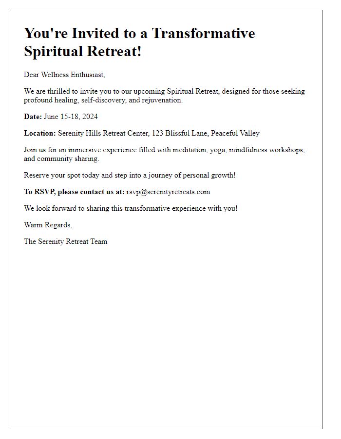 Letter template of spiritual retreat invitation for wellness enthusiasts