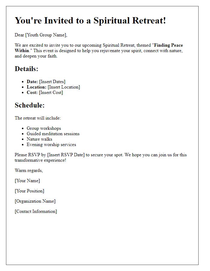 Letter template of spiritual retreat invitation for youth groups