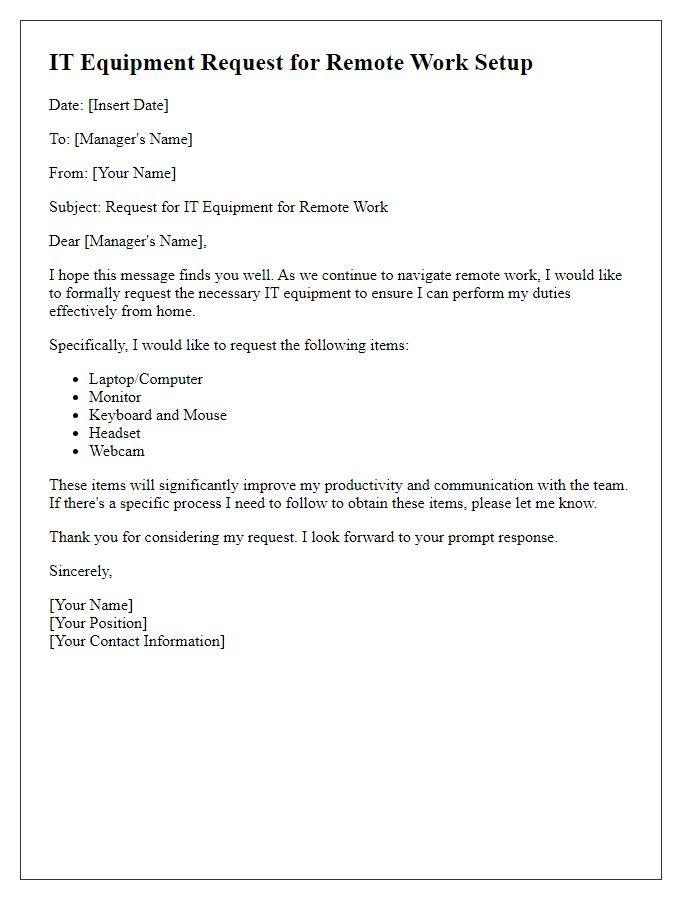 Letter template of IT equipment request for remote work setup