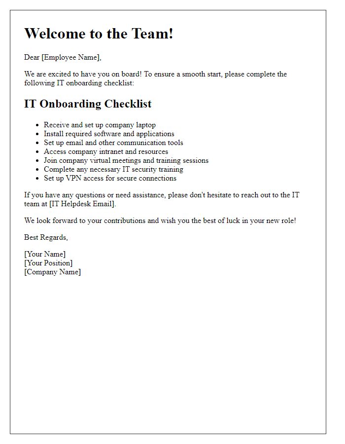 Letter template of IT onboarding checklist for remote employees