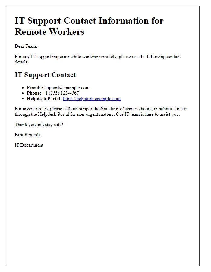 Letter template of IT support contact information for remote workers