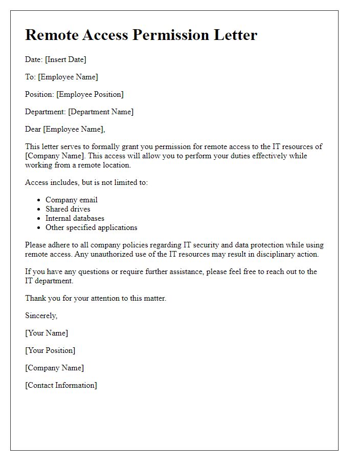 Letter template of remote access permission for IT resources