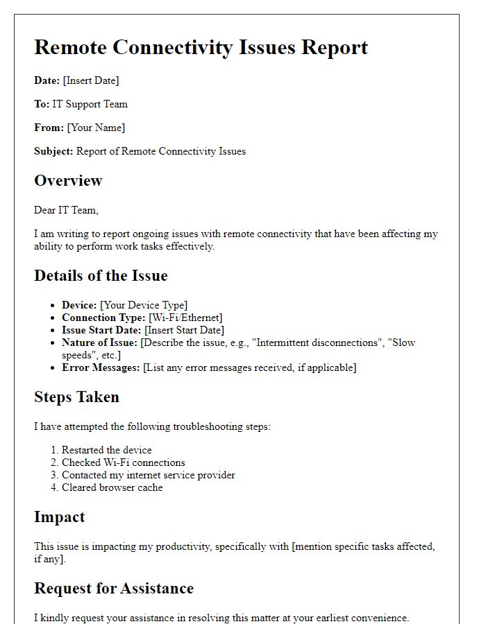 Letter template of remote connectivity issues report for IT team