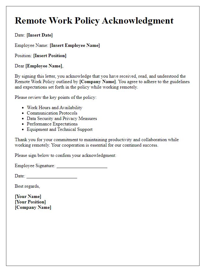 Letter template of remote work policy acknowledgment for IT preparation