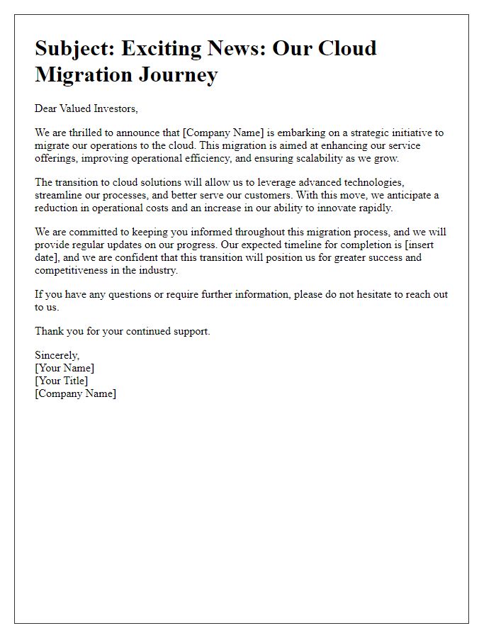 Letter template of cloud migration announcement for investors