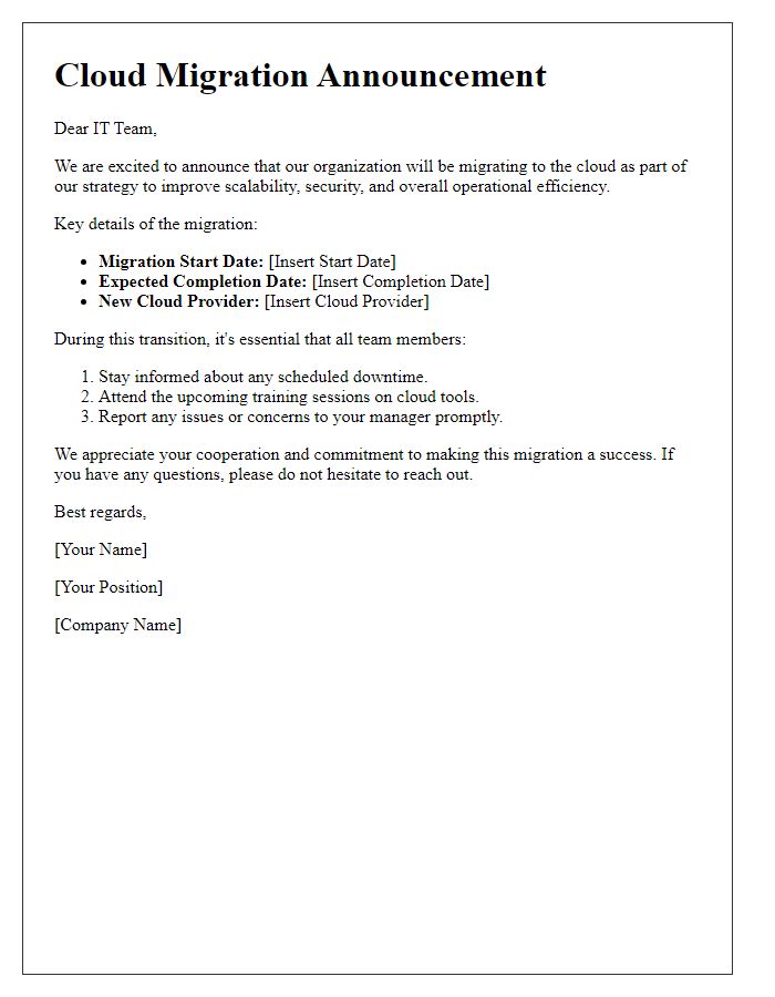 Letter template of cloud migration communication for IT teams