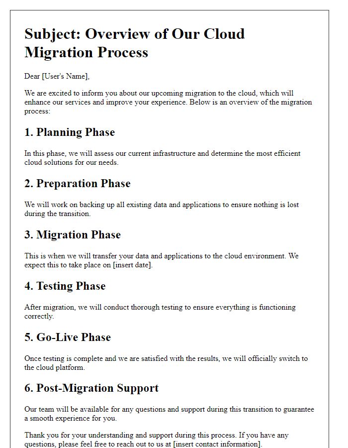 Letter template of cloud migration process overview for users