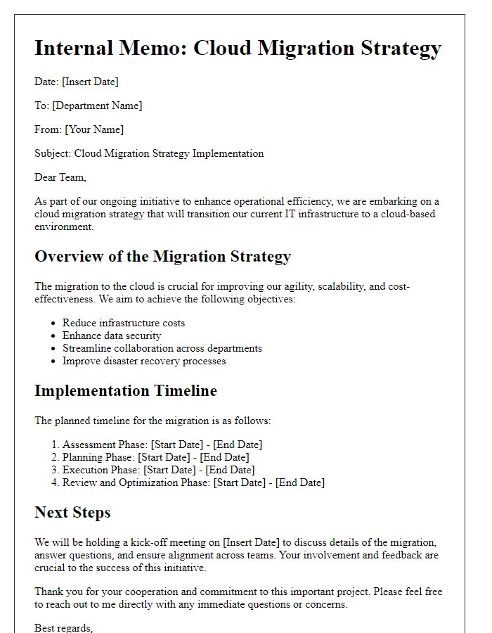 Letter template of cloud migration strategy for internal departments