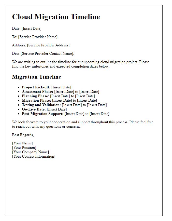 Letter template of cloud migration timeline for service providers