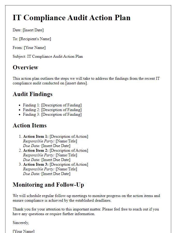 Letter template of IT compliance audit action plan