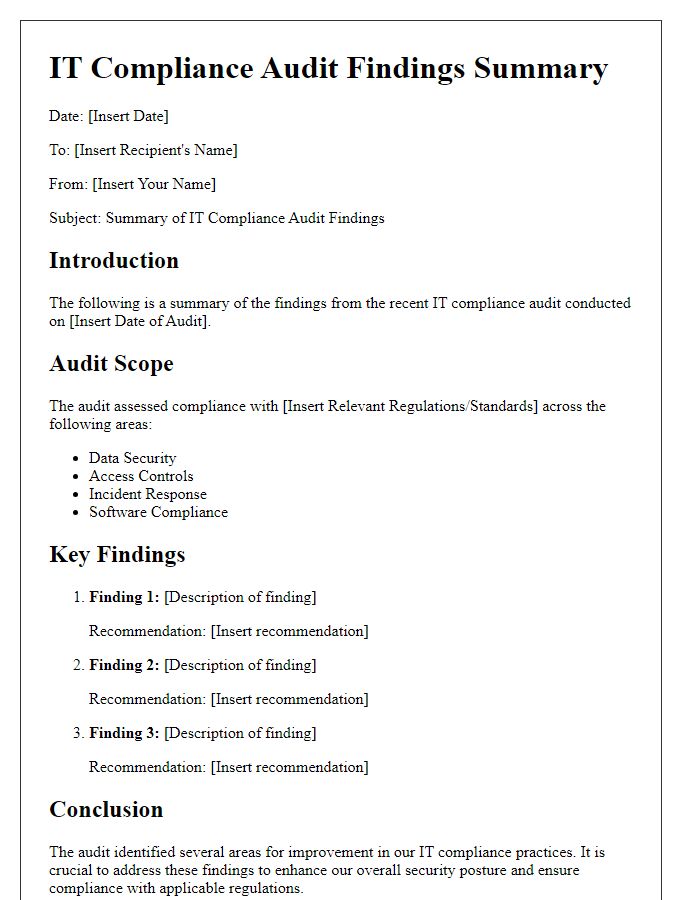 Letter template of IT compliance audit findings summary