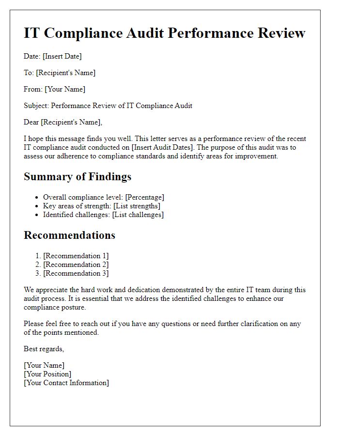 Letter template of IT compliance audit performance review